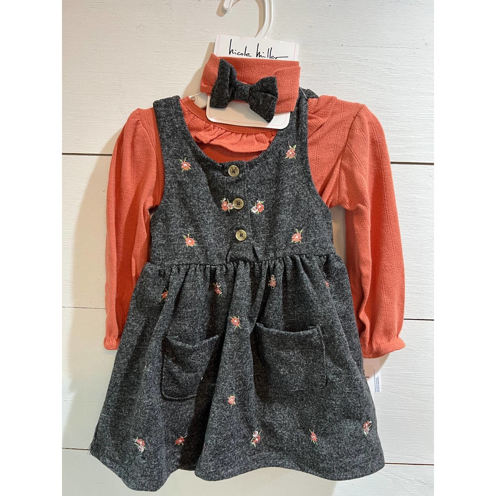 Nicole Miller toddler girls grey and rust colored 3 piece gray and floral dress